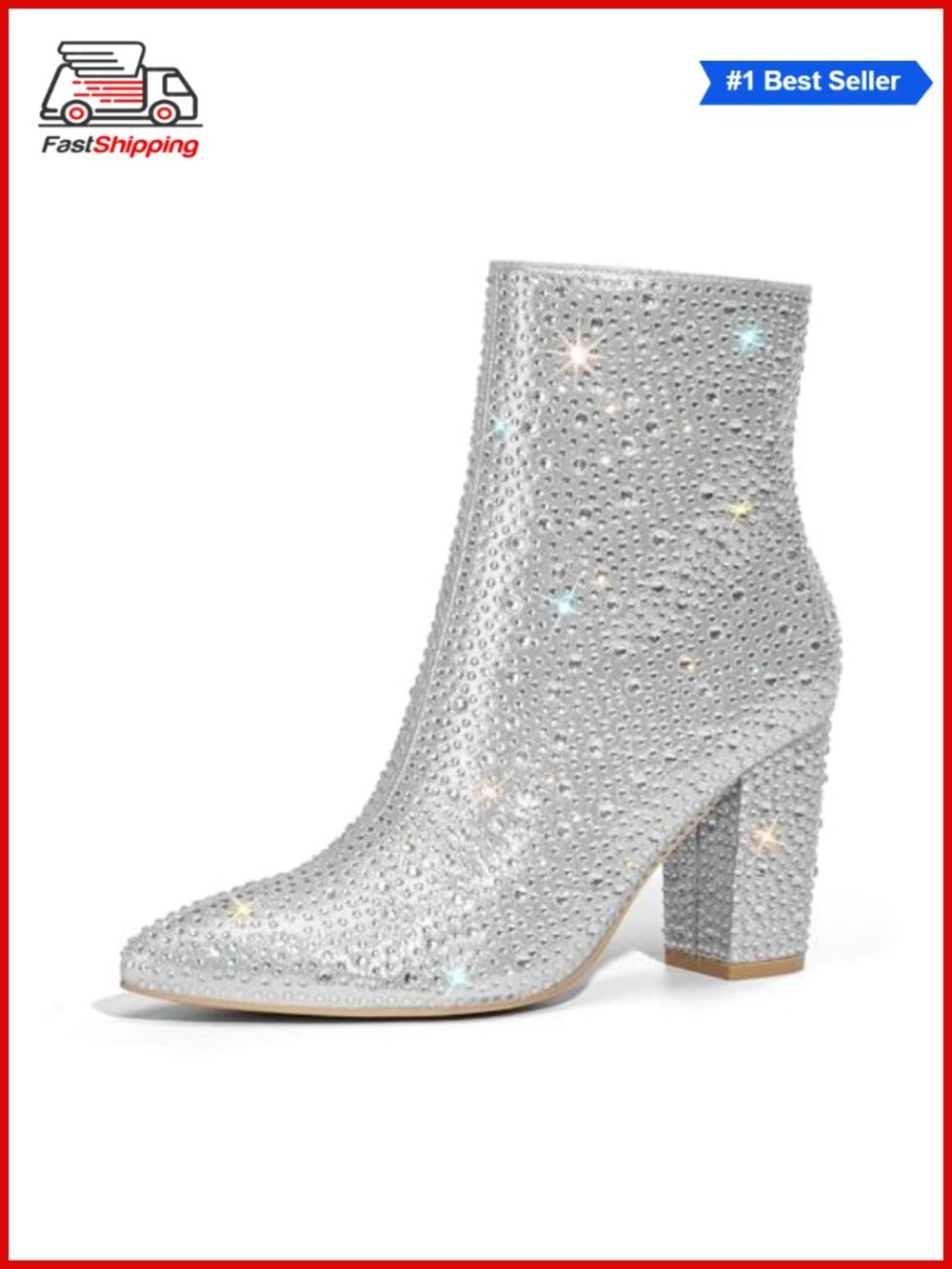 ✨ Rollda Rhinestone Boots for Women Sparkly Ankle Booties Pointed Toe Block Heel